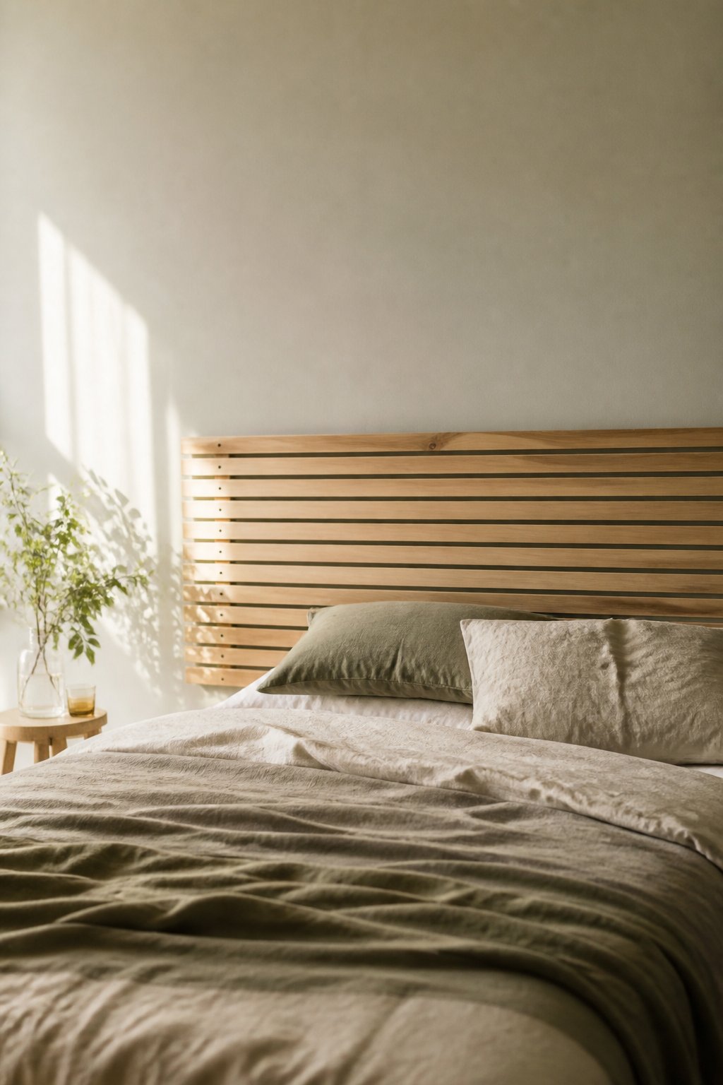 Tête de lit en lattes de bois clair fixée au mur derrière un lit aux draps de lin