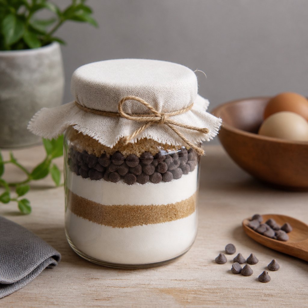 Bocal en verre rempli de couches régulières de farine, de sucre roux et de pépites de chocolat, fermé par un carré de tissu et une ficelle