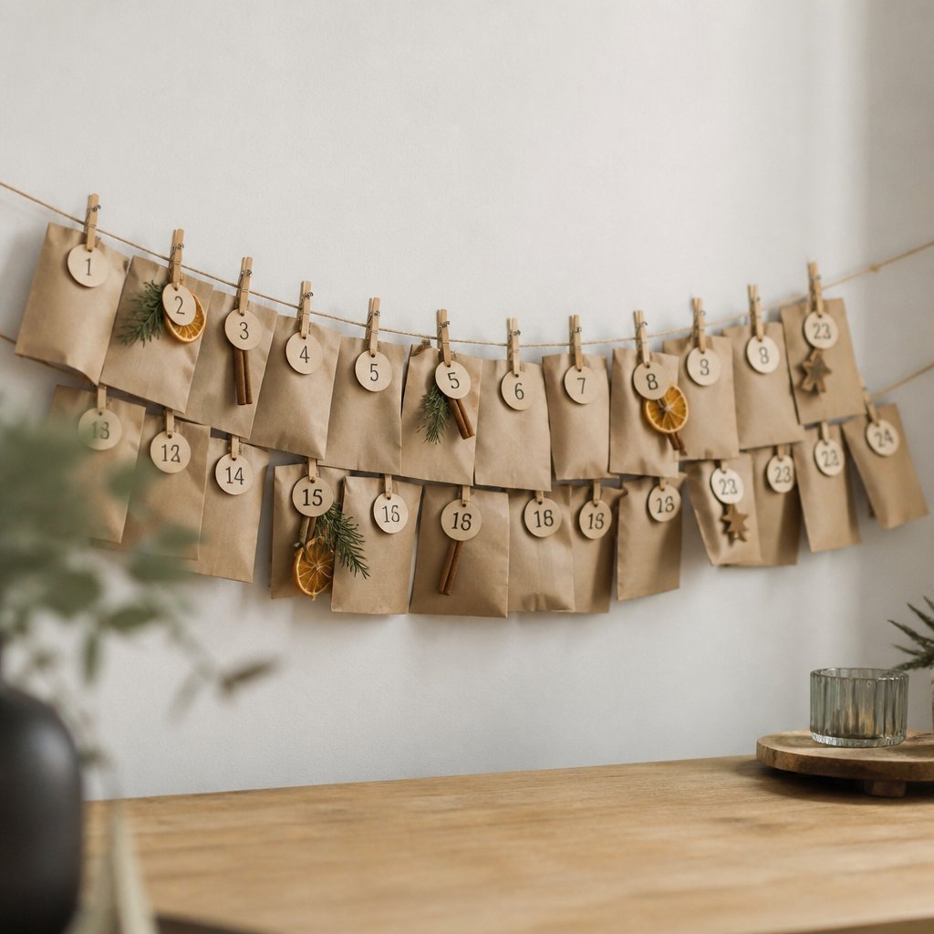 Calendrier de l’avent composé de vingt-quatre pochettes en papier kraft numérotées, suspendues à une ficelle tendue par des pinces en bois