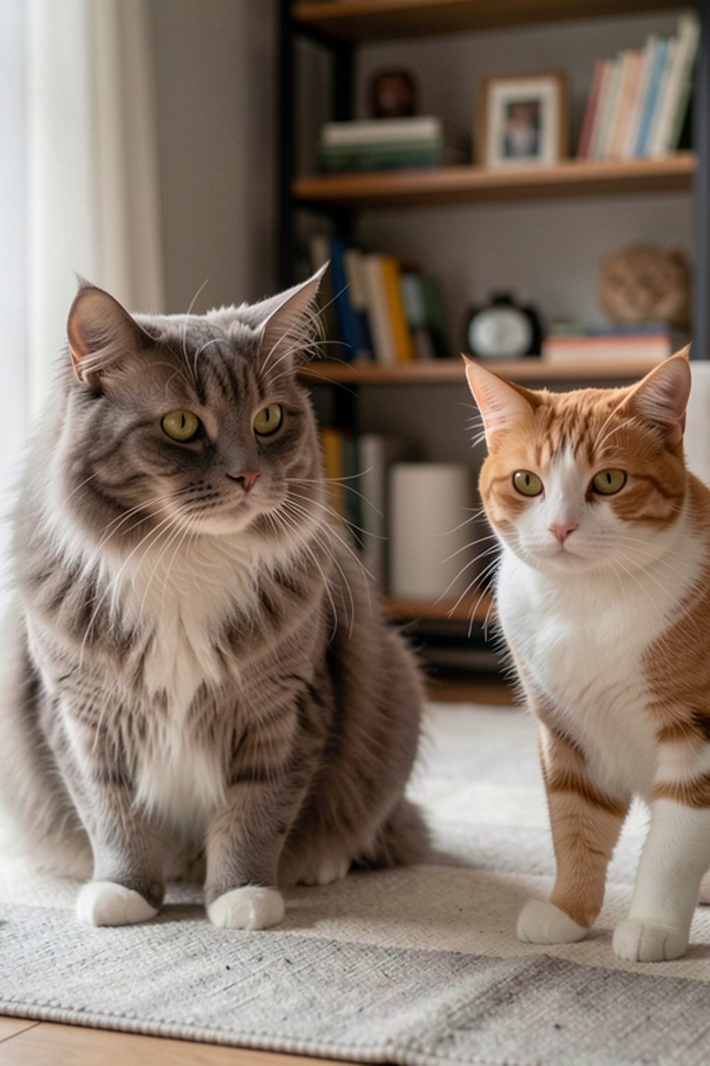 Salon partagé entre un chien couché sur son tapis au sol et un chat installé sur une étagère haute qui surplombe la pièce