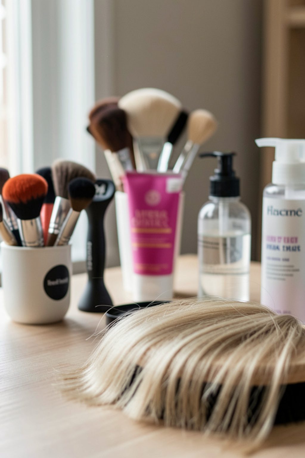 Un plan de travail de salle de bain avec un tube de coloration, un bol, un pinceau d’application et des gants posés à côté d’un miroir