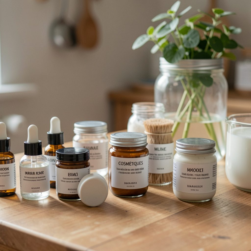 Trois petits pots en verre de baume et de crème faits maison sur une table en bois, à côté d’un bol d’huile végétale et d’une spatule
