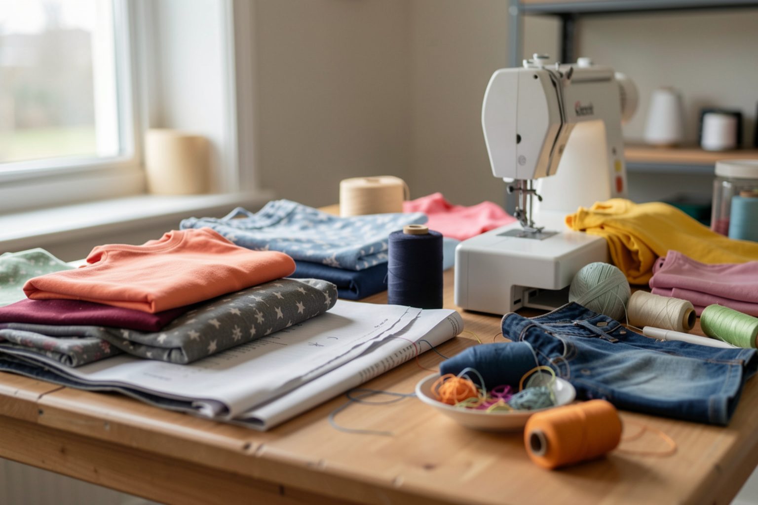 Table de couture avec un ourlet en cours sur un pantalon, une aiguille enfilée, une pelote d’épingles et un mètre ruban