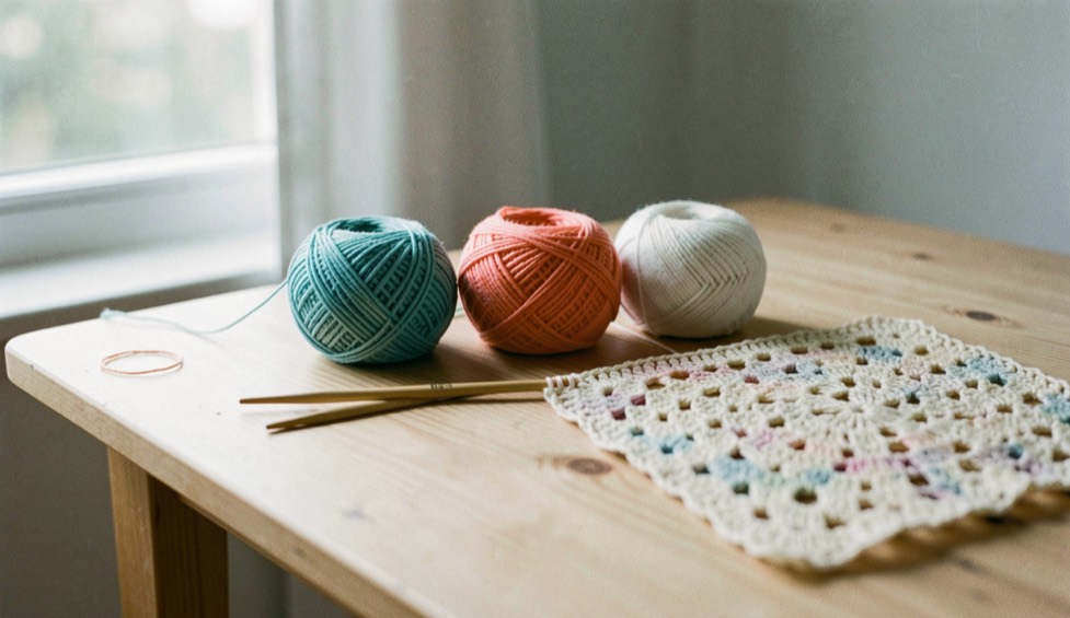 Trois pelotes de coton coloré, un crochet en bambou et un début de carré ajouré posés sur une table en bois clair près d’une fenêtre