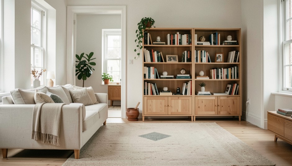 Salon lumineux avec un passage net entre un canapé en lin clair et une bibliothèque basse en bois, tapis posé à distance des circulations