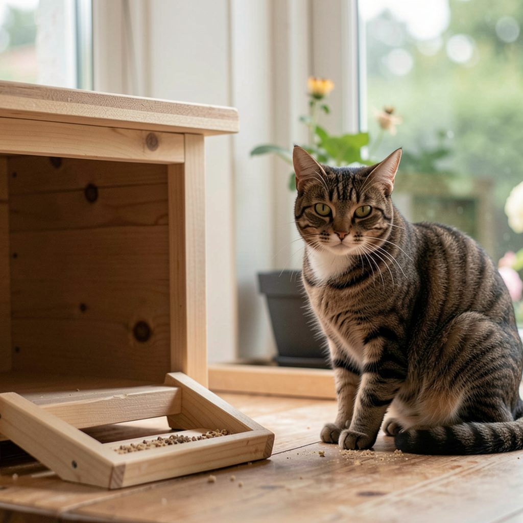 Un enclos grillagé en bois adossé à une fenêtre de salon, avec un chat assis sur une étagère à l’intérieur et des tasseaux empilés à côté