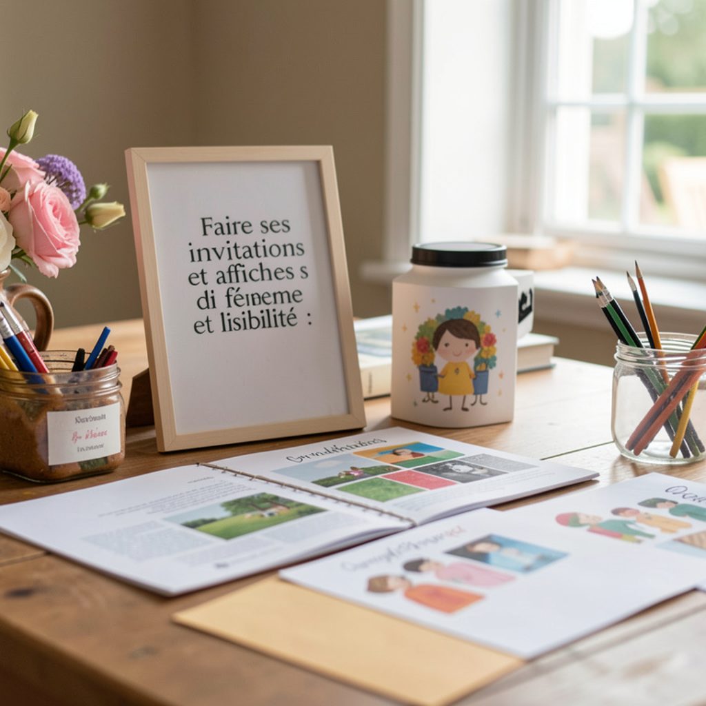 Pile de faire-part et d’affiches de fête imprimés à la maison, avec des feuilles de papier épais, une règle et un cutter sur une table