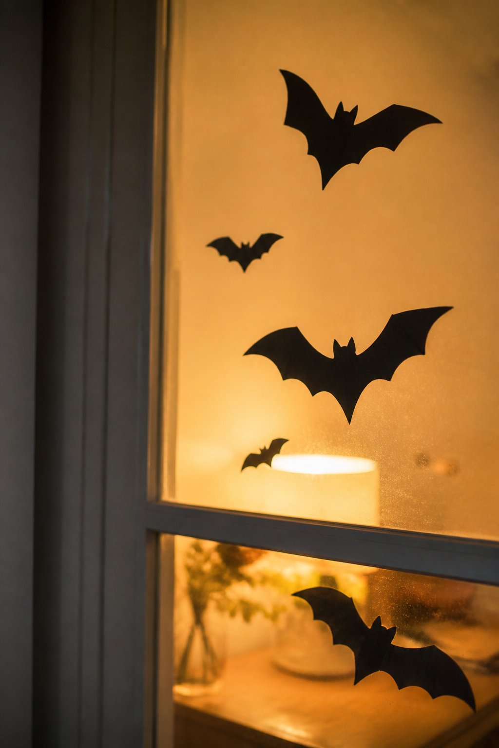 Silhouettes de chauves-souris en papier noir collées sur une vitre éclairée de l’intérieur par une lampe basse