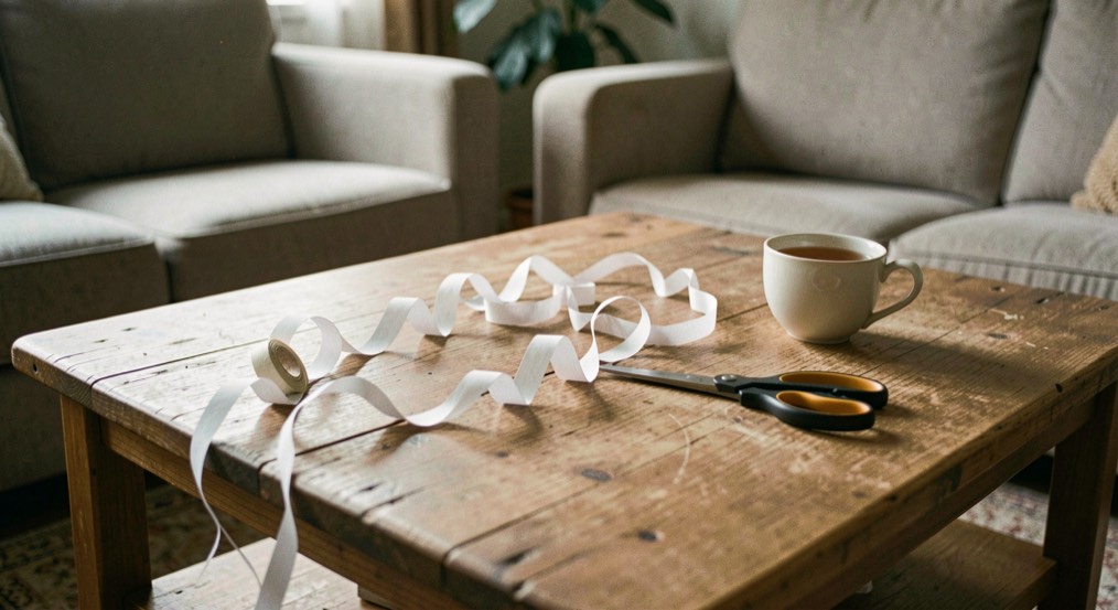 Table de salon en fin de journée couverte d’une guirlande de papier en cours de fabrication, d’une paire de ciseaux, d’un carnet ouvert et d’une tasse de thé