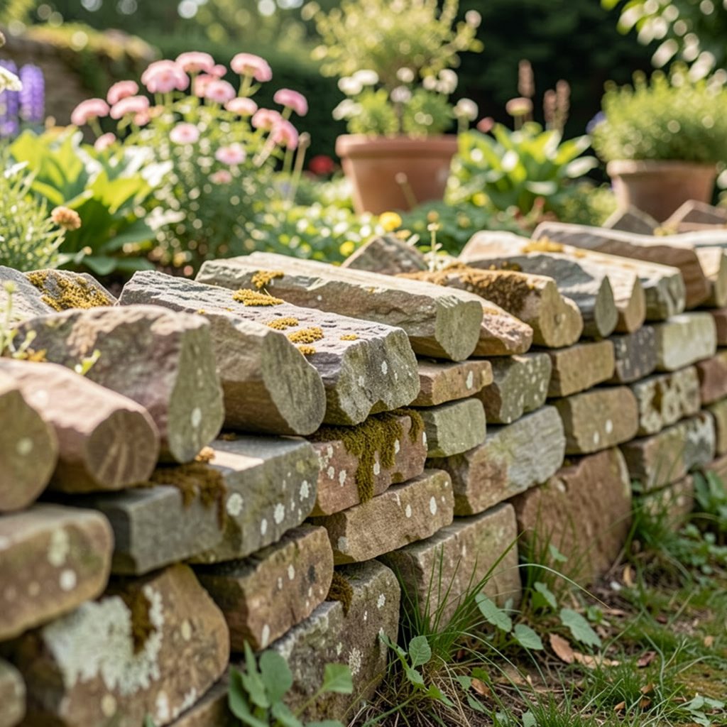 Un muret bas en pierres plates empilées au bord d’un jardin, avec des pierres triées en tas à côté et des gants de chantier posés dessus