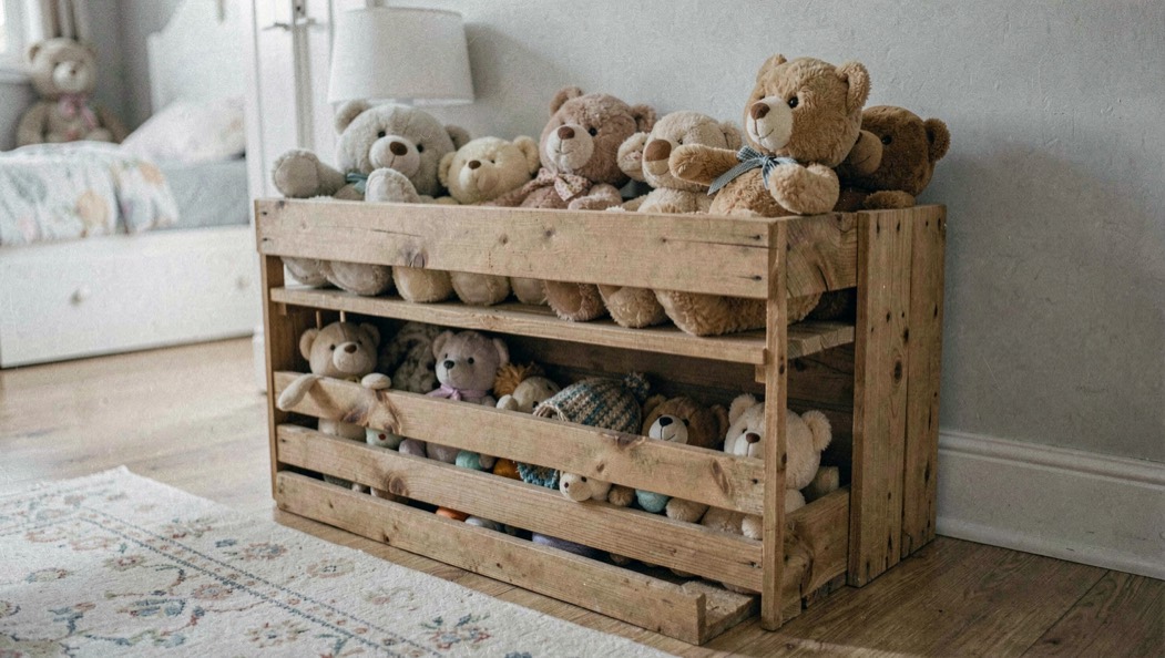 Étagère basse de chambre d’enfant avec une caisse ouverte de peluches et quelques ours installés sur des planches, le reste de la pièce dégagé