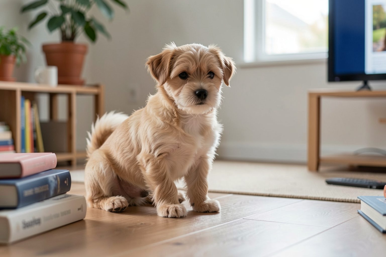 Petit chien posé sur un tapis près du canapé d’un appartement lumineux, avec sa gamelle et son panier rangés dans un coin du salon