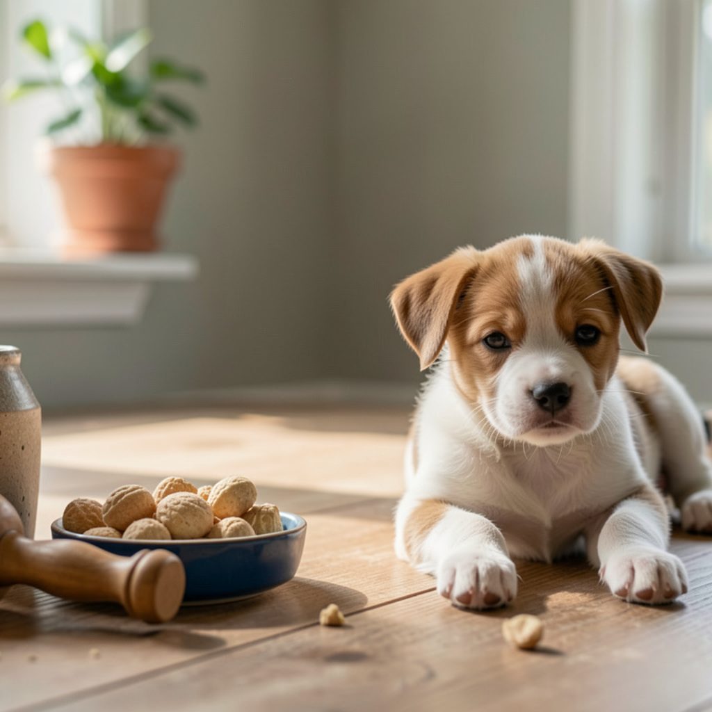 Entrée de maison préparée pour un chiot : barrière posée en bas de l’escalier, gamelles alignées sur un set, et une caisse ouverte garnie d’un plaid
