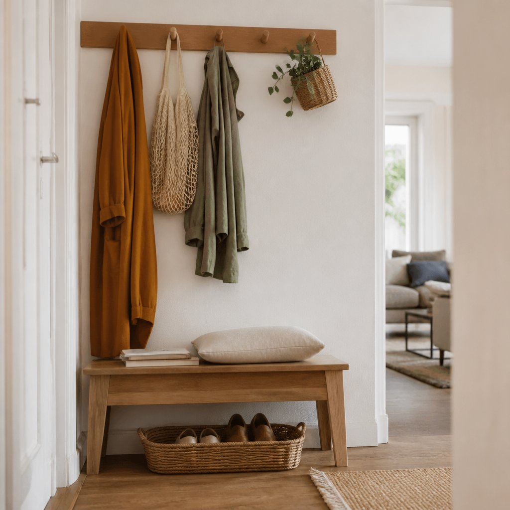 Entrée d’appartement avec patères en bois, banc bas, panier à chaussures glissé dessous et coupelle à clés sur une console