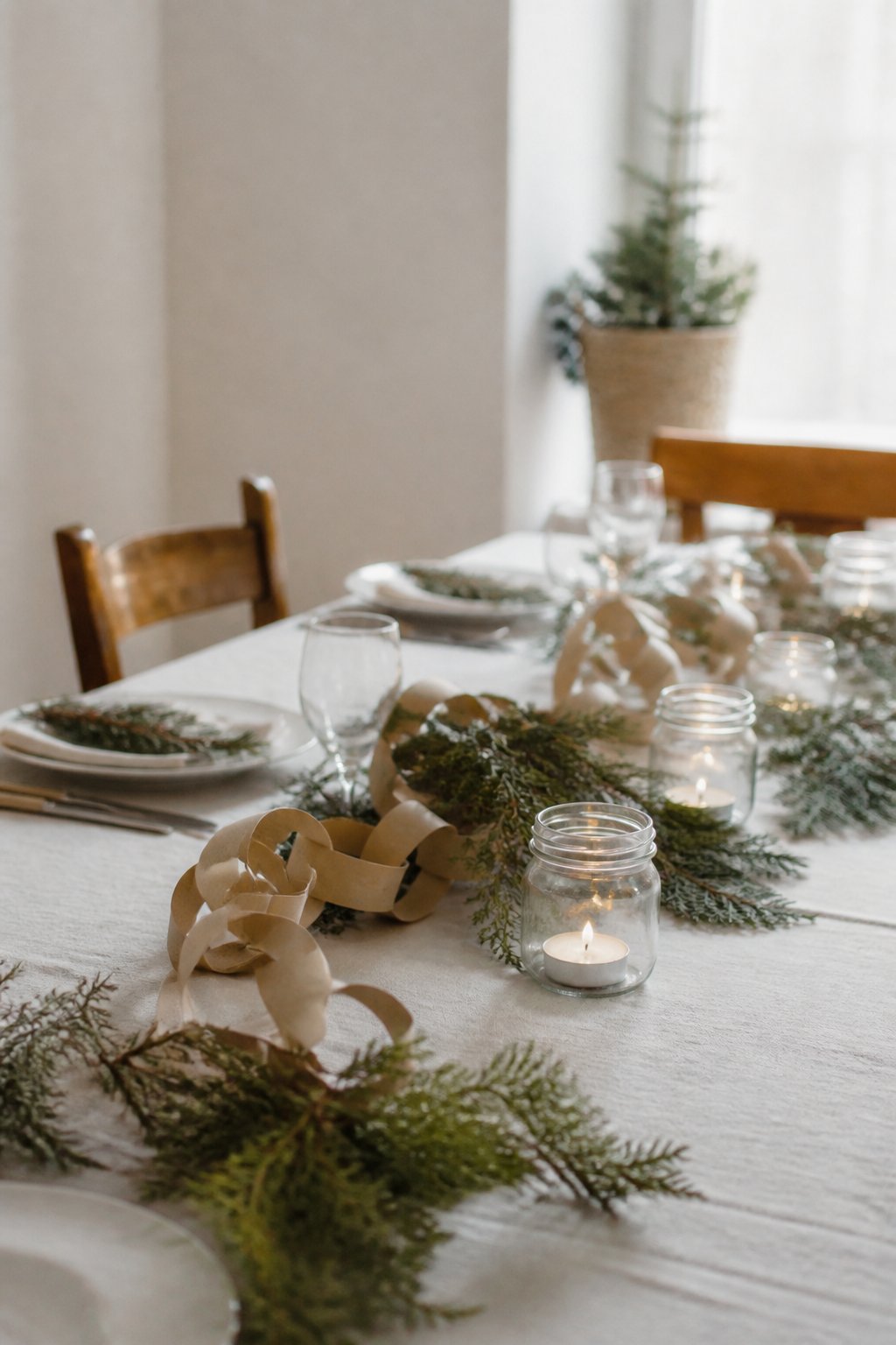 Une table de banquet en bois brut sous une tente à parois latérales, centres de table surélevés sur des caisses, guirlandes allumées à la tombée du...