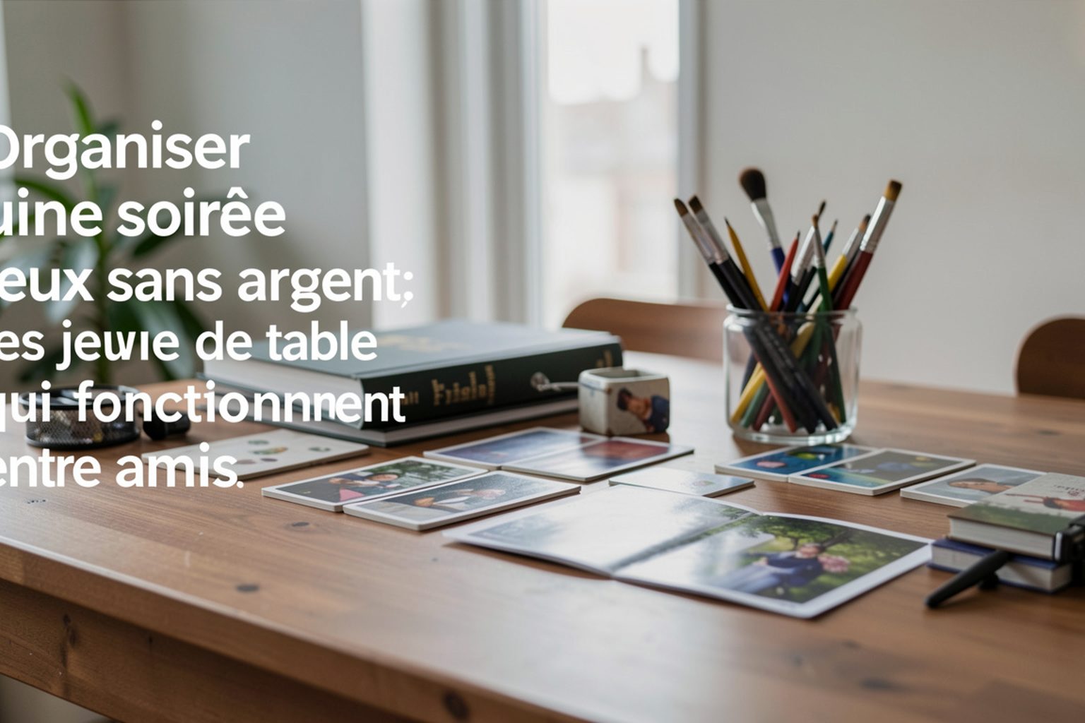 Table de salon préparée pour une soirée jeux : jetons en carton, cartes, dés, et verres posés autour d’une nappe sombre