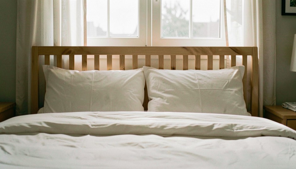Tête de lit basse en lattes de bois clair espacées, fixée au cadre d’un lit double placé sous une fenêtre, oreillers blancs appuyés contre les lattes, voilages légers, lumière douce du matin