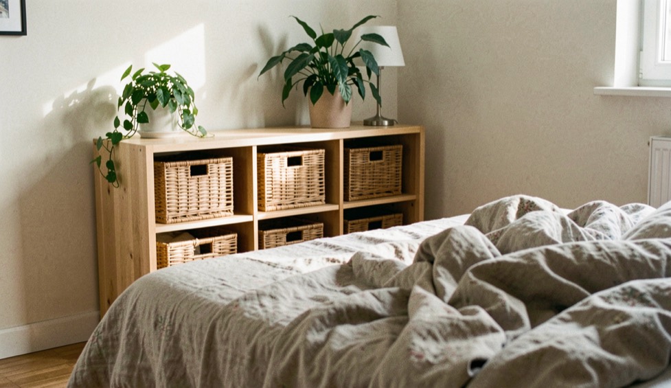 Meuble bas ouvert en bois clair placé derrière un lit dans un studio, paniers en osier sur les étagères, plante verte et petite lampe posées dessus, couette en lin froissée, lumière de fin d’après-midi